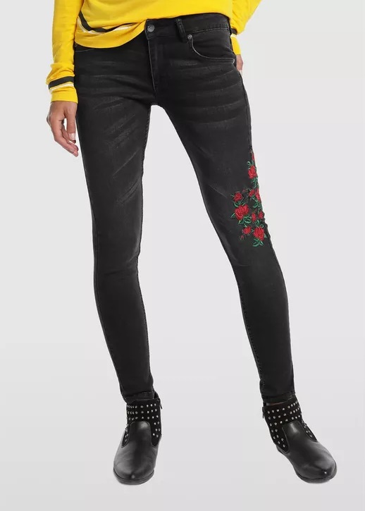 Pantalones vaqueros jeans marca Lois baratos negros con rosas